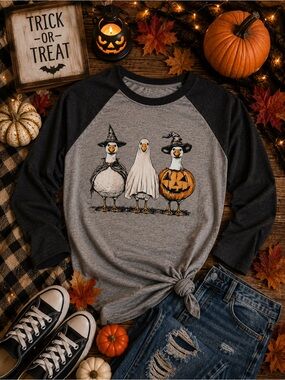 Next Level Apparel Gray & Black Raglan Halloween Goose Graphic Long Sleeve Tee